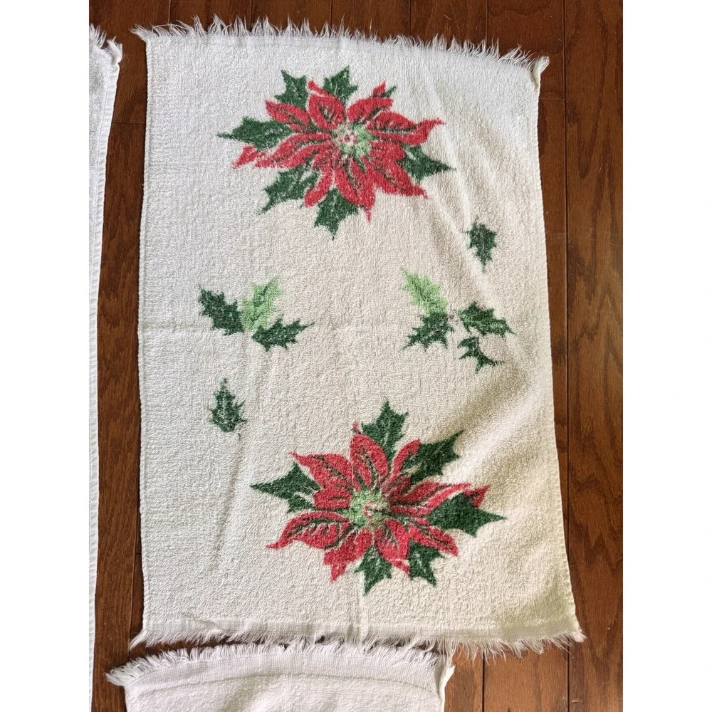 Vtg Christmas Poinsettia Towel Set Lot‎ Sears Holiday Tea Hand Bath Red Green